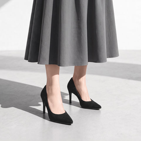 予約：2026AW：iCoN COLORS：ポインテッドトゥ スエード パンプス（C9042）ブラックS