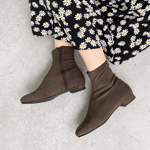 60%OFF：スクエアトゥ ストレッチフラットブーツ（3376）LブラウンS/mamian（マミアン）